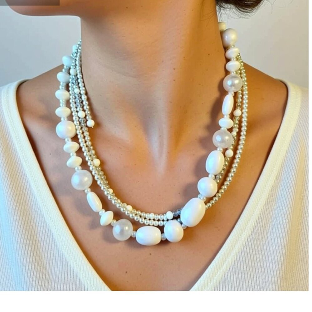 Three-strand white necklace 21" - Handmade beaded necklace